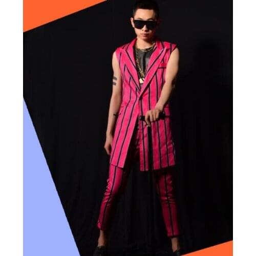 Men vest British vertical stripes clothing personality slim male sleeveless vests men punk rock singer dance stage star fashion