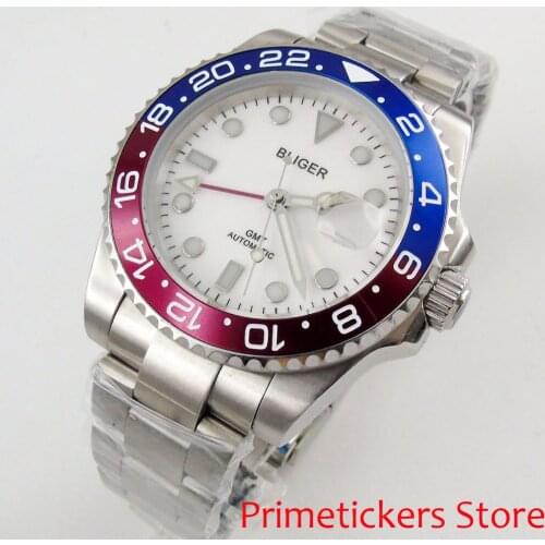 Blue red bezel 40mm bliger white dial sapphire glass GMT date automatic mens watch