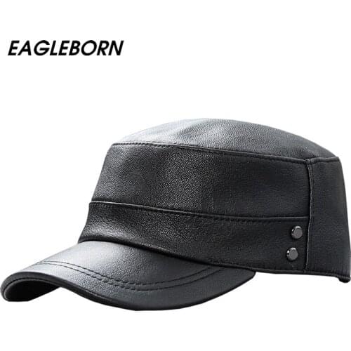 Men Military Hats Army Cap Leather Hat Womens Autumn and Winter Sheep Leather Army Cap Flat Top Outdoor Sunshade High Quality