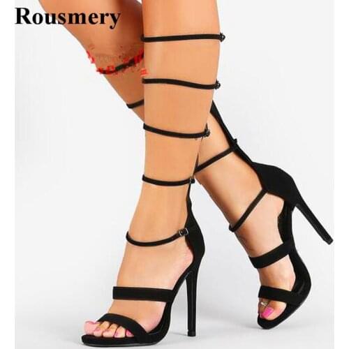 Summer New Fashion Women Open Toe Cut-out Straps Design High Heel Boots Buckle Design Knee High Gladiator Boots Dress Shoes