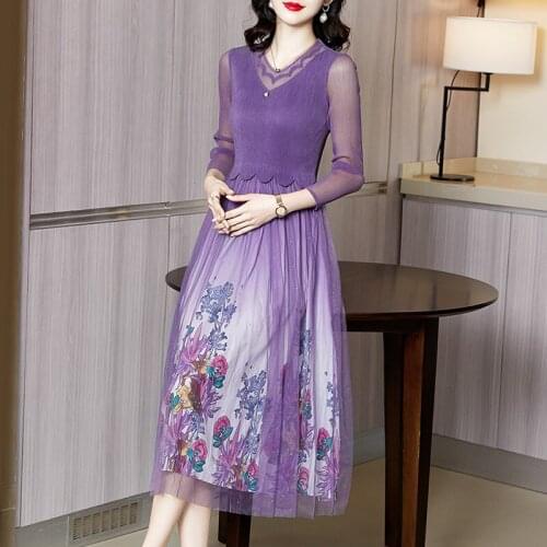 Dresses For Women 2021 Plus Size Spring Summer Stretch Miyake Pleated Mesh Patchwork Printed Slim Three Quarter Sleeve Dress