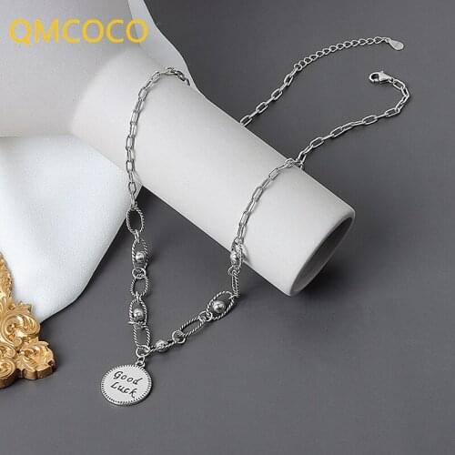QMCOCO 925 Silver Sweater Necklace Creative Design Good Luck Round Shape Letter Necklace Trend Party Jewelry Couples Gifts