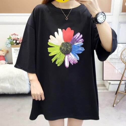 Size 8XL 150kg T Shirt Women Flower T-shirt O Neck Casual Loose Short Sleeve Korean Shirt Black Purple Top