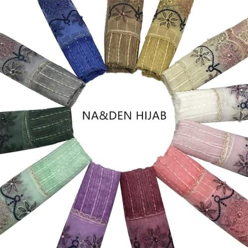 NEW Silk solid scarf with flower lace pearl scarves muslim women hijabs patchwork fashion bandana shawl 10pcs/lot fast shipping