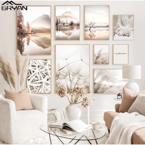 Nordic Sunrise Misty Morning Landscape Dandelion Print Poster Lake Mirror Mountain Sexy Girl Canvas Painting Reed Picture Decor