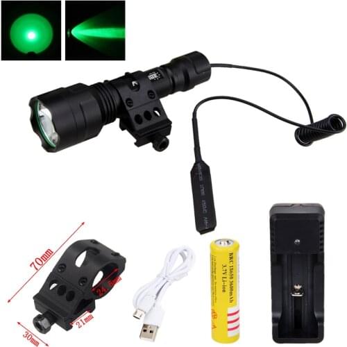 LED Tactical XM-L Green Hunting Flashlight Gun Light+Rifle Scope Gun Mount+Remote Pressure Switch+18650 Battery+USB Charger