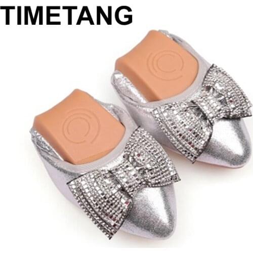 TIMETANG Women Dancing flats pointed toe with crystal bow-knot patchwork microfiber shoes breathable black gold silver plus size