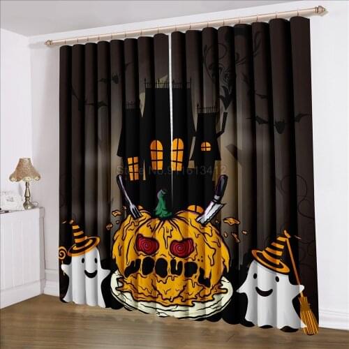 Halloween Blackout Curtain Horror Black Pumpkin Bat Ghost Door Wall Hanging Halloween Party Decor Light Shading Window Drapes