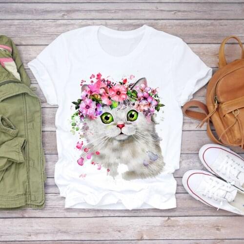 Women 2021 Summer Short Sleeve Cat Cartoon Flower Fashion Lady T-shirts Top T Shirt Ladies Womens Graphic Female Tee T-Shirt