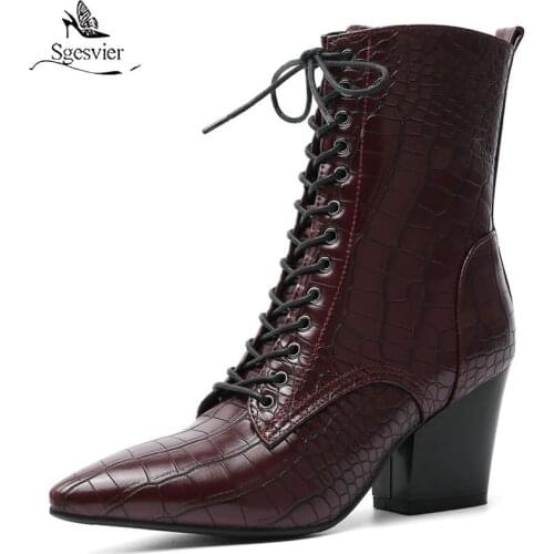 Sgesvier 2020 PU Leather Fashion Pointed Toe Autumn Winter Women Shoes Square High Heel Lace Up Zipper Ankle Boots Big Size 43