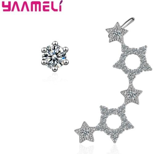Fashion Women 925 Sterling Silver Jewelry Geometric Asummetric Earrings Female Cubic Zirconia Star Round Stud Earrings