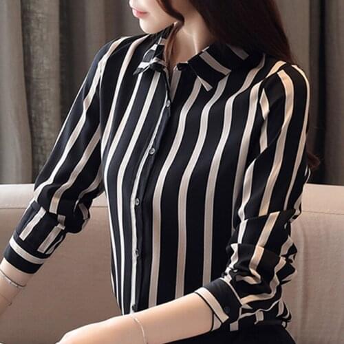 Womens tops and blouses long sleeve striped chiffon blouse fashion woman blouses 2019 turn down collar office ladies tops B866