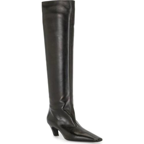 New PU Genuine Leather Suede Slip On Long Over The Knee Boots Low Strange Chunky High Heel 5CM Winter Square Toe For Women 2021