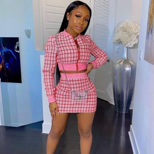 Women Plaid Two Piece Skirt and Top Set 2020 Autumn Winter Festival Clothing Bodycon Matching Sets Club Outfits Chandal Mujer