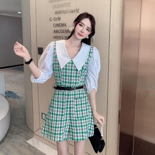 Women 2021 Fashion Slim With Belt Spliced Tweed Playsuits Vintage Girls Puff Sleeve Short Jumpsuits