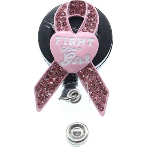10pcs/lot free shipping crystal pink ribbon with heart shape retractable Id badge holder,nurse Id badgereel