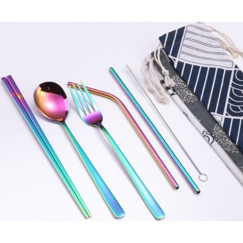 304 stainless steel 1pcs spoon +1 pair chopsticks + 2pcs drinking straws + 1 bag combination titanium-plated environmentally