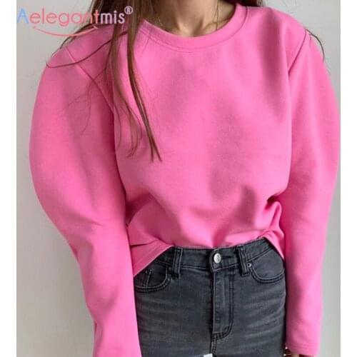 Aelegantmis Casual Puff Sleeve Sweatshirt Women pink O Neck Loose Pullovers Korean Oversized Solid Long Sleeve Tops BF 3 colors
