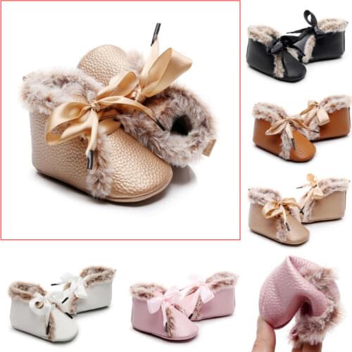 Free Shippig Baby First Walkers For 0-24M Baby Boy Girl Child Bandage Shoes Fuzzy Winter Warm PU Soft Sole Anti Slipped Shoes