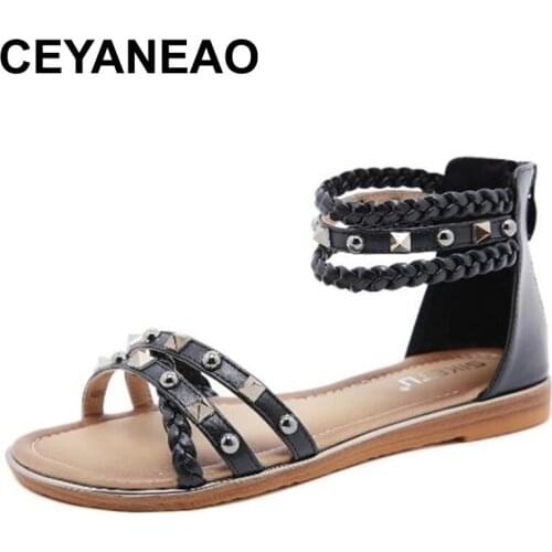 CEYANEAO Rivet Weaving Womens Sandals Summer Ladies Shoes Non-Slip Beach Shoes Casual Walking Flats Retro Rome Sandalias Female