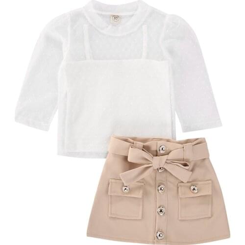 2020 Toddler Baby Girl Clothes Dot Lace See Through Blouse+white Solid Vest+bow Pockets Skirt Kids Summer Autumn Set 0-4 Years