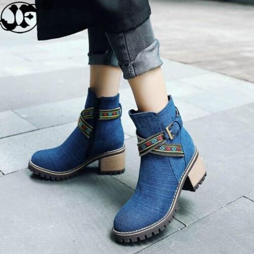 Denim boots bota feminina ankle boots women boots cowboy denim high heels shoes sexy women shoes woman bootiesrfg567