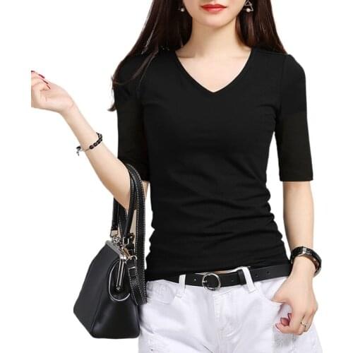 Mid-sleeve t-shirt womens five-point sleeve bottoming shirt womens top spring all-match cotton slim T-shirt