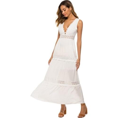 Summer Women Dress Deep V-neck Sexy Lace Swing Dress Lady White Sleeveless Chiffon Backless Dress Boho Vacation Long Dresses