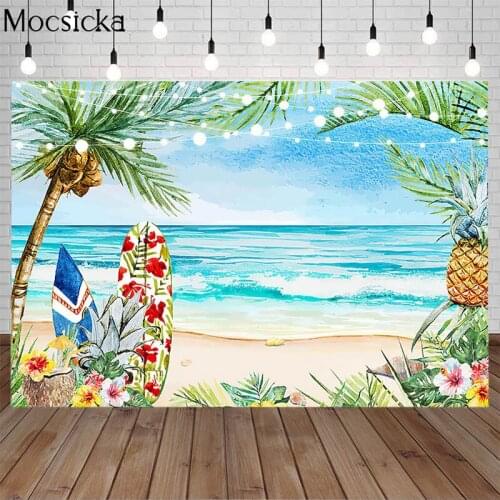 Mocsicka Summer Beach Photography Backdrops Oil Painting Style Coconut Tree Surfboard Background Photobooth Studio Supplies Prop