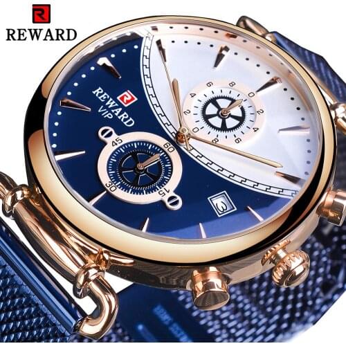 REWARD Blue Stainless Steel Mesh Band Calendar Display Rose Golden Case Men Quartz Business Wrist Watch Top Brand Luxury Relogio