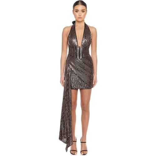 New Women Dresses Halter V Neck Sequin Sexy Party Club Celebrity Elegant Mini Dress Summer Autumn Bodycon Clothing