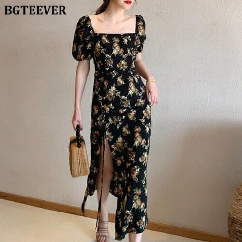 BGTEEVER Retro Square collar Floral Printed Women Dress Summer Split Slim Waist Female Dress Short Sleeve A-line Vestidos 2020