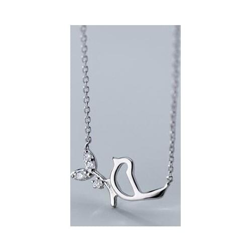Gift 15mm*10mm 100% real. Sterling Silver 925 Fine Jewelry love Birds Animal &CZ Branch Leaf Pendant Necklace C-D5493