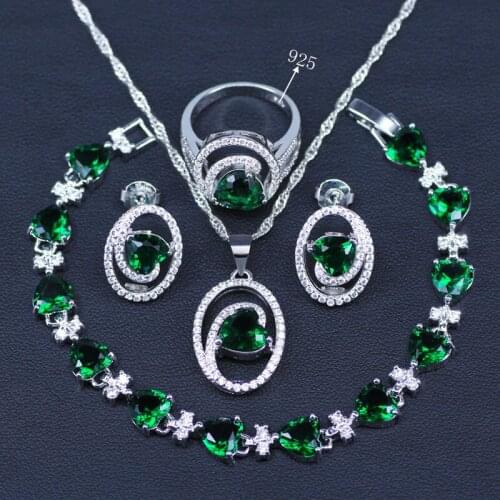 Russian Style Green Cubic Zircon White Crystal Silver Color Jewelry for Women earrings rings necklace bracelet set