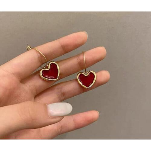 Korea 2021 new trendy wine red love earrings simple temperament net red wild personality earrings ear jewelry