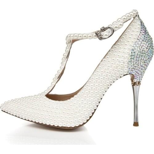 High Quality Fashion Pearl Crystal Sexy Pointed Toe T Strap Ankle Buckle White Wedding Shoes For Women Genuine Leather Footwear