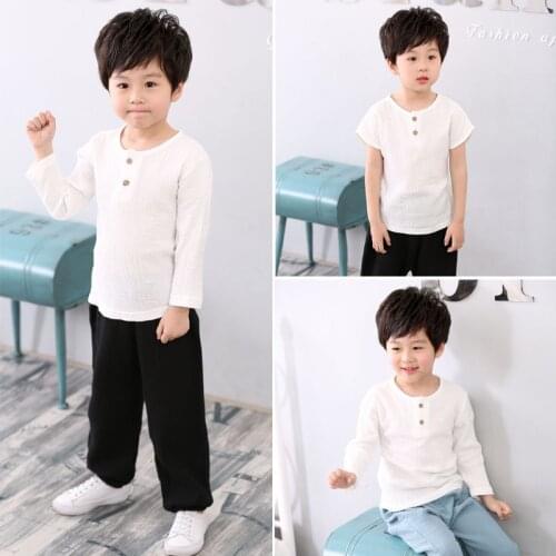 Spring Boys Girls T-shirt Linen Pleated Solid Color Children Long Sleeve Tops For Boys T-shirt Baby T-shirts For Girls Clothing