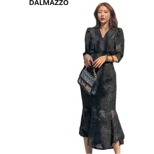 High-end Design Women V Neck Fashion Noble Fishtail Dress 2020 Newest Womans Black Chiffon big Size Party Long Dresses Vestidos