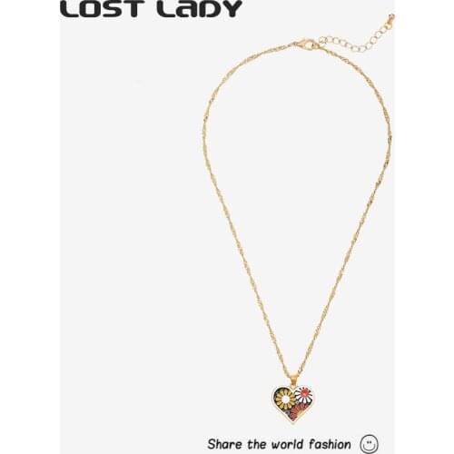 Lost Lady Fashion Printed Heart Pendant Necklaces Gold Color Alloy Clavicle Chain Necklaces for Women Party Jewelry Gift
