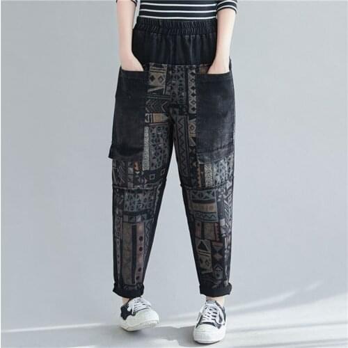 Women Vintage Print High Waist Jeans New Arrival 2020 Autumn Winter All-match Loose Female Casual Denim Harem Pants S2743