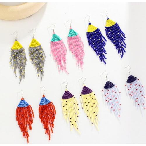 Delicate Contrast Colored Seed Beaded Tassel Earrings for Women Fashion Boho Handcrafted Jewelry Free Shipping Wholesale