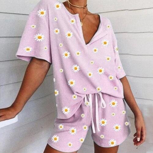 Summer Women Flower Daisy Print two piece set Shirt Shorts Set Spring Elegant V Neck Pullover Ladies Sportswear Suits Pocket