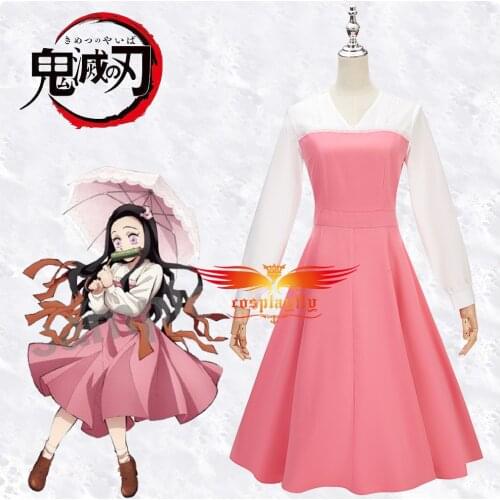Anime Demon Slayer: Kimetsu No Yaiba Kamado Nezuko Cosplay Costume Adult Women Summer Dress XS-XL Lolita Pink Gown Halloween COS