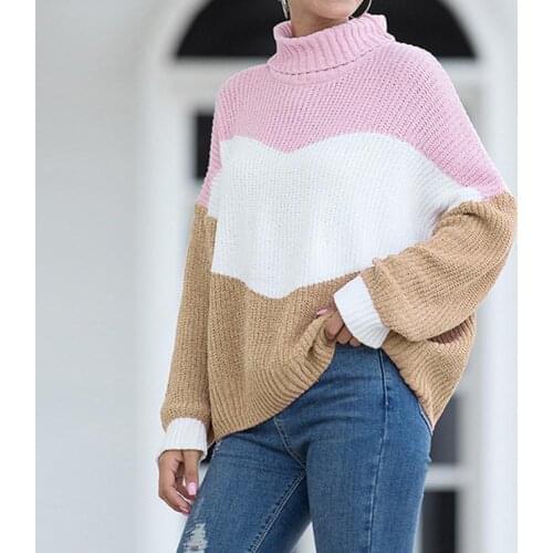 Women Patchwork Pullover Autumn Winter Jumper Turtle Neck Long Sleeve Color Block Warm Knit Sweater Loose Style Korean Sweater