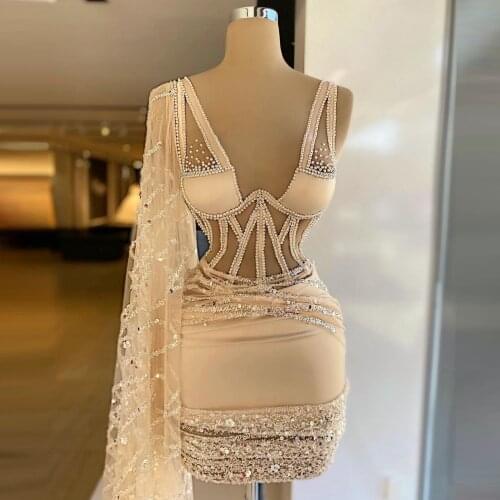 2021 New Designer One Shoulder Short Prom Dresses V Neck Tulle See Thru Sequins Beaded Sexy Mini Length Women Pageant Party Dres