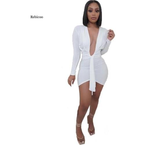 Women Dress Elegant Casual Long Sleeve Deep V-Neck Ladies Streetwear Mini Dress Fashion Solid Color Bandage Vestidos New