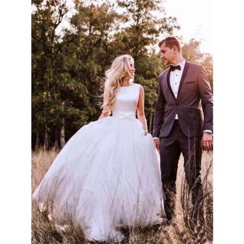 NUOXIFANG Robe De Mariee 2020 A-Line Satin Puffy Tulle Wedding Dress With Bow vestido De Novia Backless Scoop Neck Wedding Gown