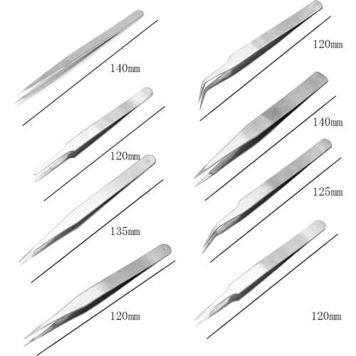 1Pcs Stainless Steel Precision Straight/Curved Elbow Nail Art Tweezers Picking Rhinestones Decor Antimagnetic Eyelash Tweezers