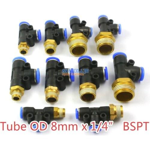 10 Pieces Tube OD 8mm x 1/4" BSPT Male Tee Pneumatic Connector Push In To Connect Fitting One Touch Quick Release Air Fitting