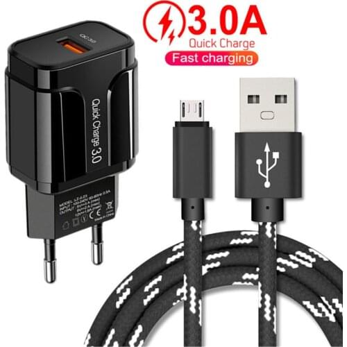 18W QC3.0 Quick Charger Plug Adapter Micro usb Charge Cable For Samsung A10 ZTE Blade A3 A5 A7 V7 V9 ASUS Zenfone Max M2 ZB633KL